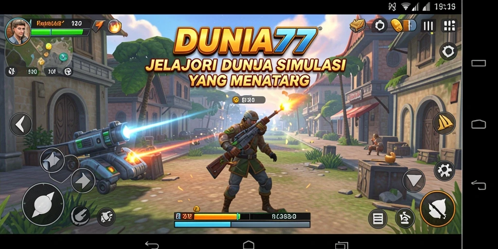 Tampilan gameplay DUNIA77 dengan berbagai elemen simulasi.