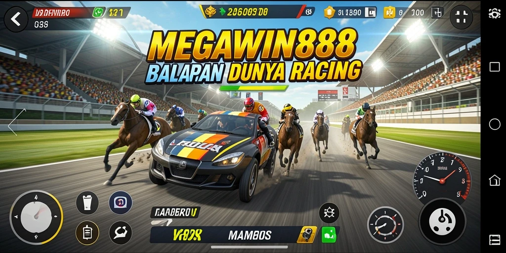 Screenshot gameplay MEGAWIN888 dengan balapan seru dan kendaraan kustom.