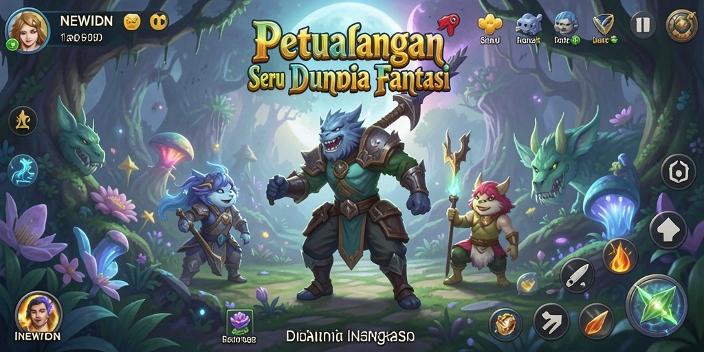 Screenshot gameplay <strong>NEWIDN</strong> menampilkan karakter menjelajahi hutan mistis.